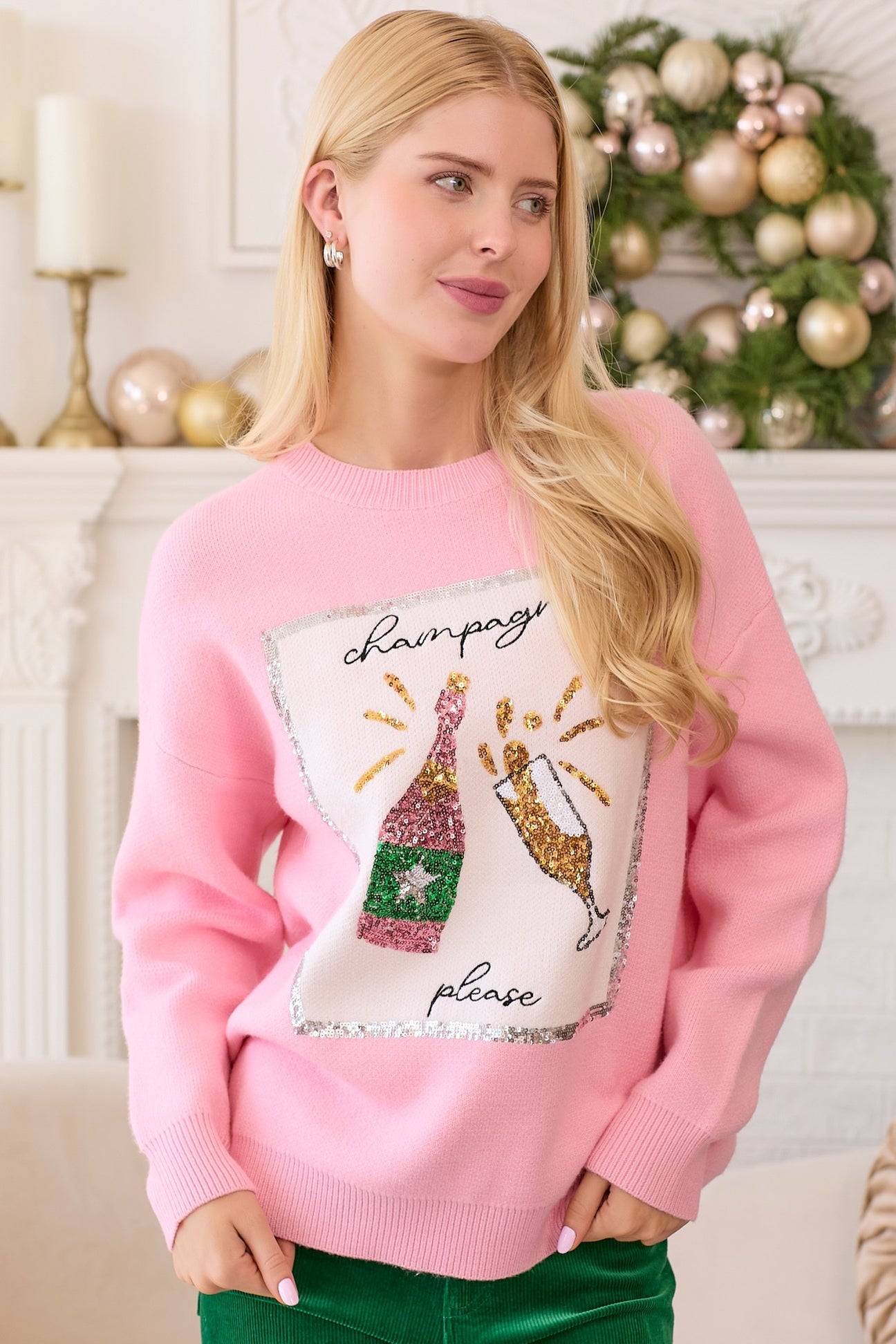 Pop Fizz Clink Champagne Sequin Sweater