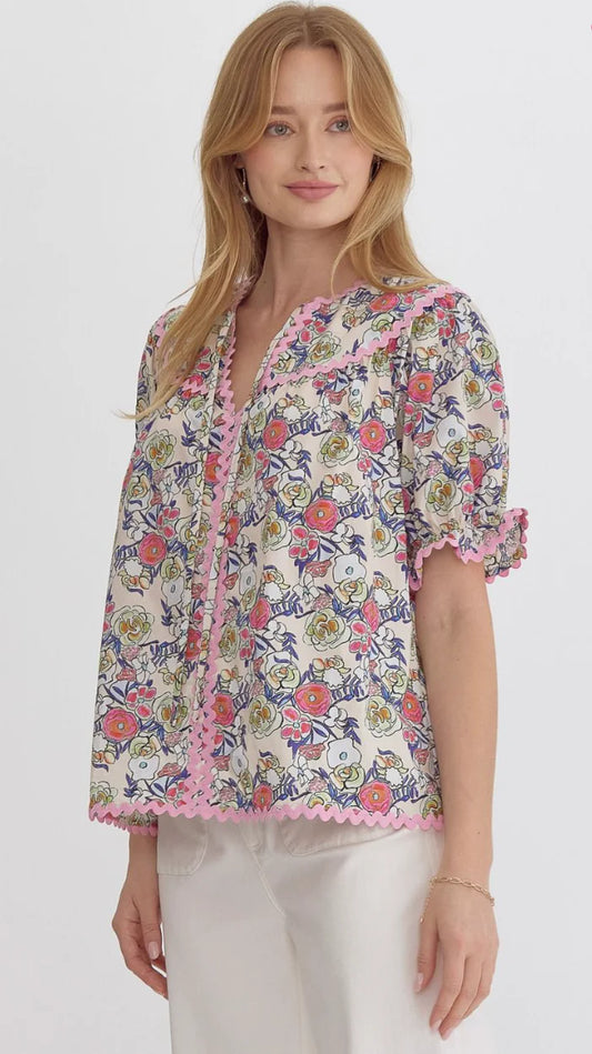Say You Miss Me Pink/Navy Ric Rac Floral Blouse