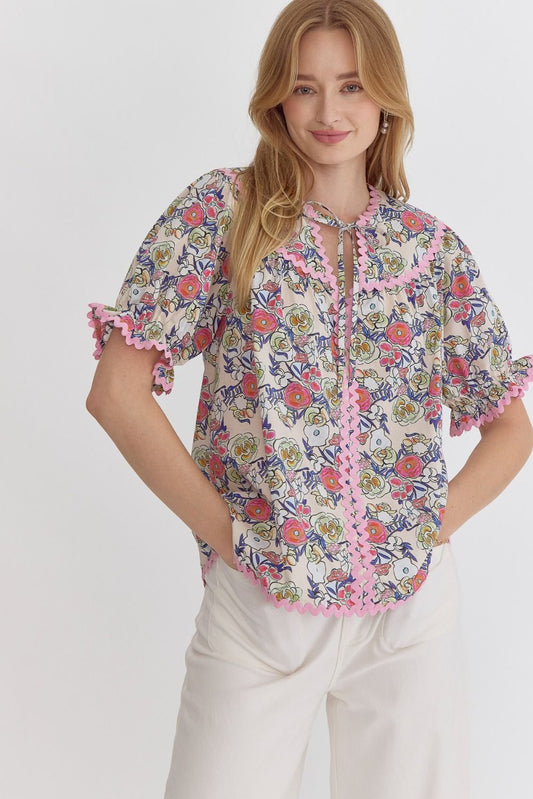Say You Miss Me Pink/Navy Ric Rac Floral Blouse