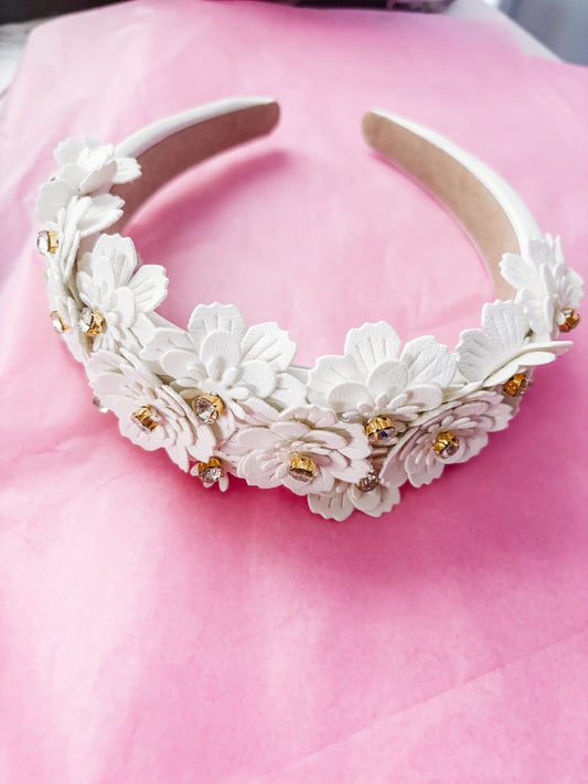 White Floral Leather Headband